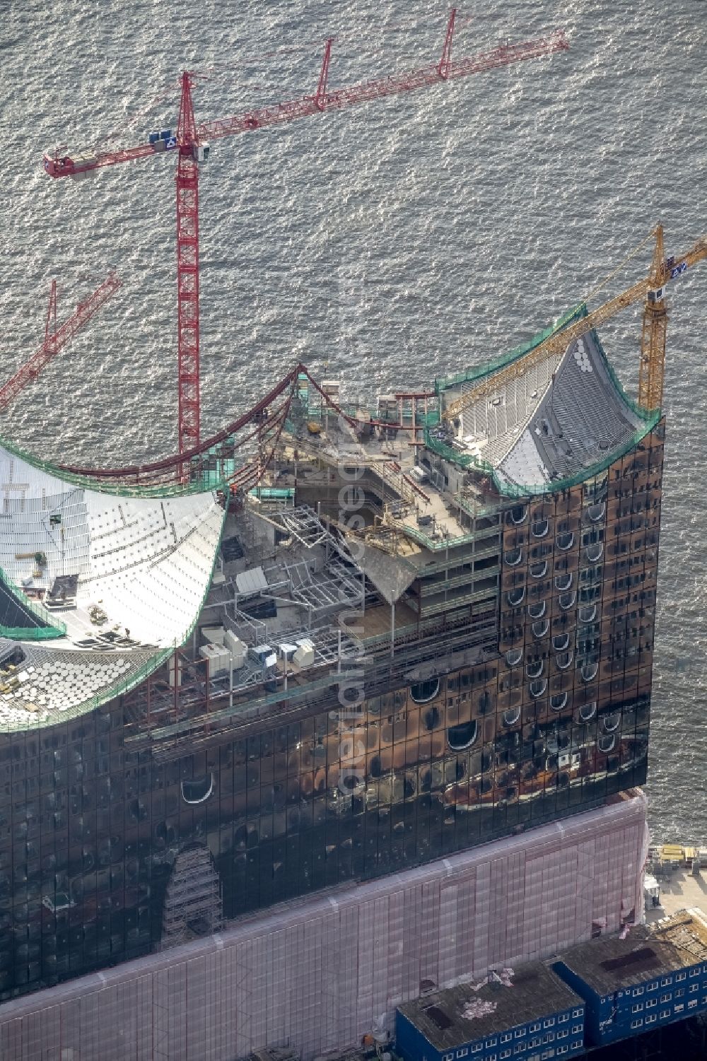 Hamburg from above - View of construction of the Elbphilharmonie in the historic centre of Hamburg in HafenCity