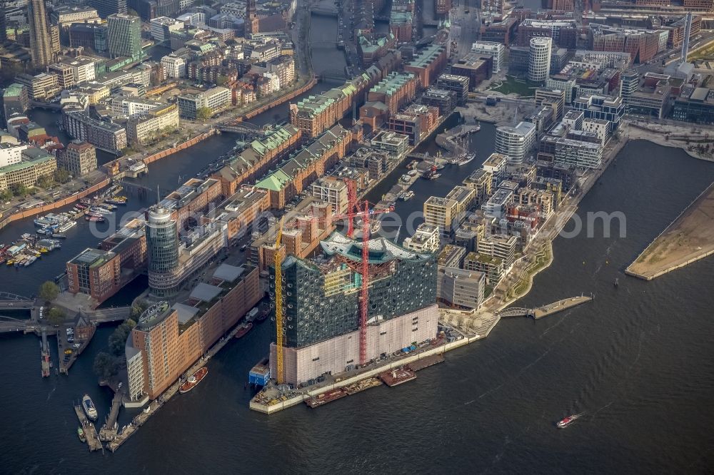 Aerial image Hamburg - View of construction of the Elbphilharmonie in the historic centre of Hamburg in HafenCity