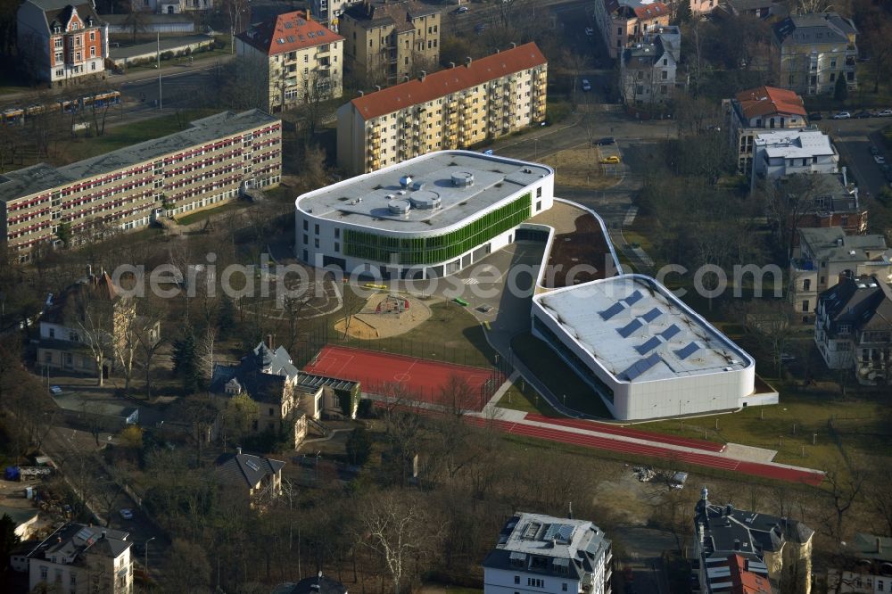 Leipzig from the bird's eye view: Construction site for the reconstruction of Erich Kästner school in Leipzig in Saxony