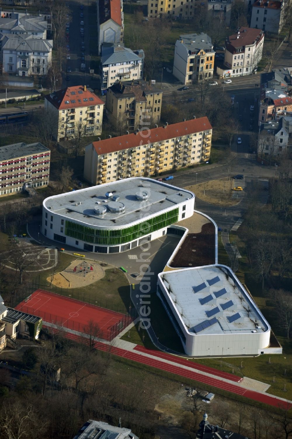 Leipzig from above - Construction site for the reconstruction of Erich Kästner school in Leipzig in Saxony