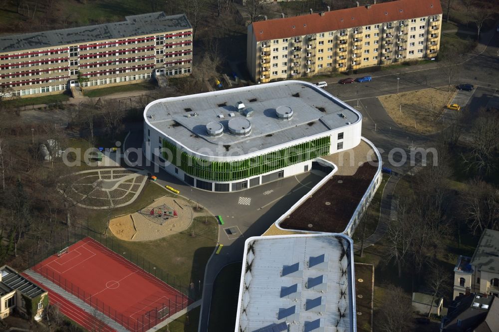 Leipzig from the bird's eye view: Construction site for the reconstruction of Erich Kästner school in Leipzig in Saxony