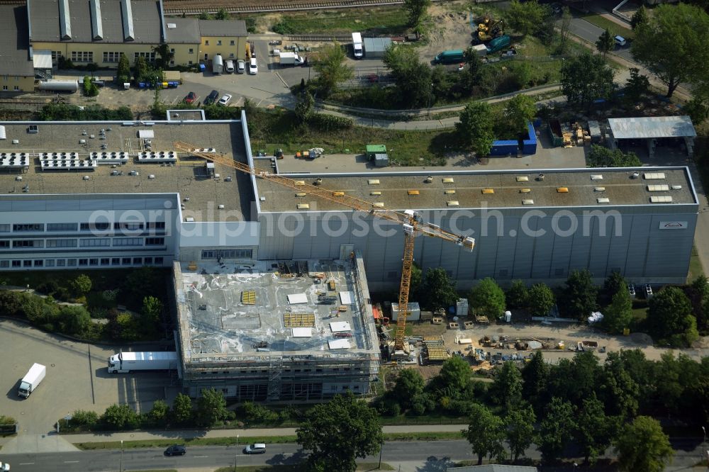 Aerial image Oranienburg - Construction site for the new construction and expansion of Takeda GmbH at the Lehnitzstrasse in Oranienburg in Brandenburg. The construction company Ed. Zueblin AG built on the site of the pharmaceutical company at the Lehnitzstrasse a modern production and research facilities