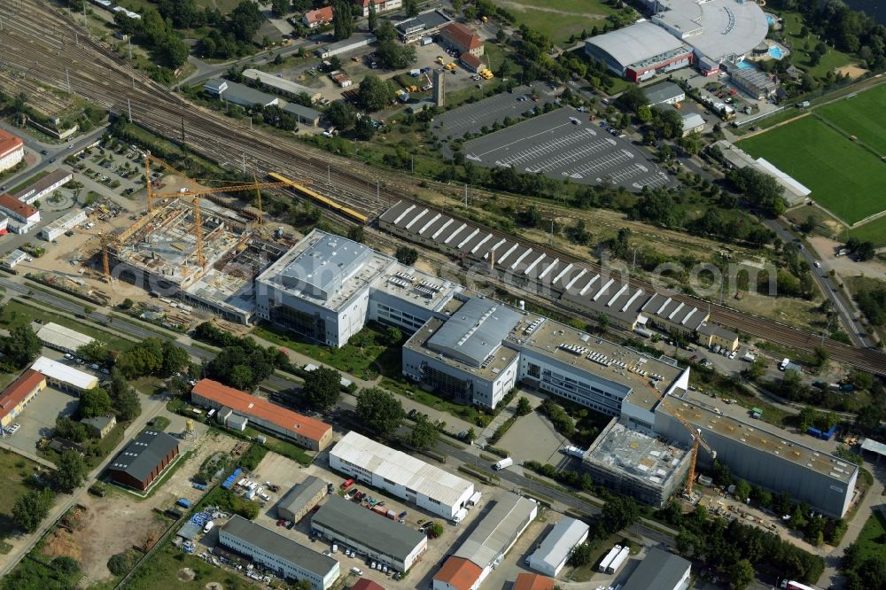 Oranienburg from above - Construction site for the new construction and expansion of Takeda GmbH at the Lehnitzstrasse in Oranienburg in Brandenburg. The construction company Ed. Zueblin AG built on the site of the pharmaceutical company at the Lehnitzstrasse a modern production and research facilities