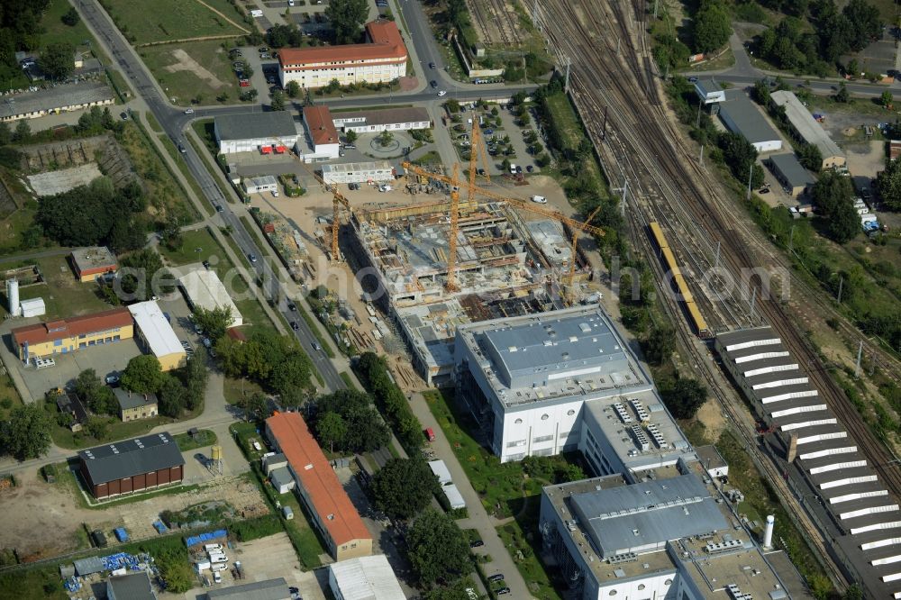 Aerial image Oranienburg - Construction site for the new construction and expansion of Takeda GmbH at the Lehnitzstrasse in Oranienburg in Brandenburg. The construction company Ed. Zueblin AG built on the site of the pharmaceutical company at the Lehnitzstrasse a modern production and research facilities