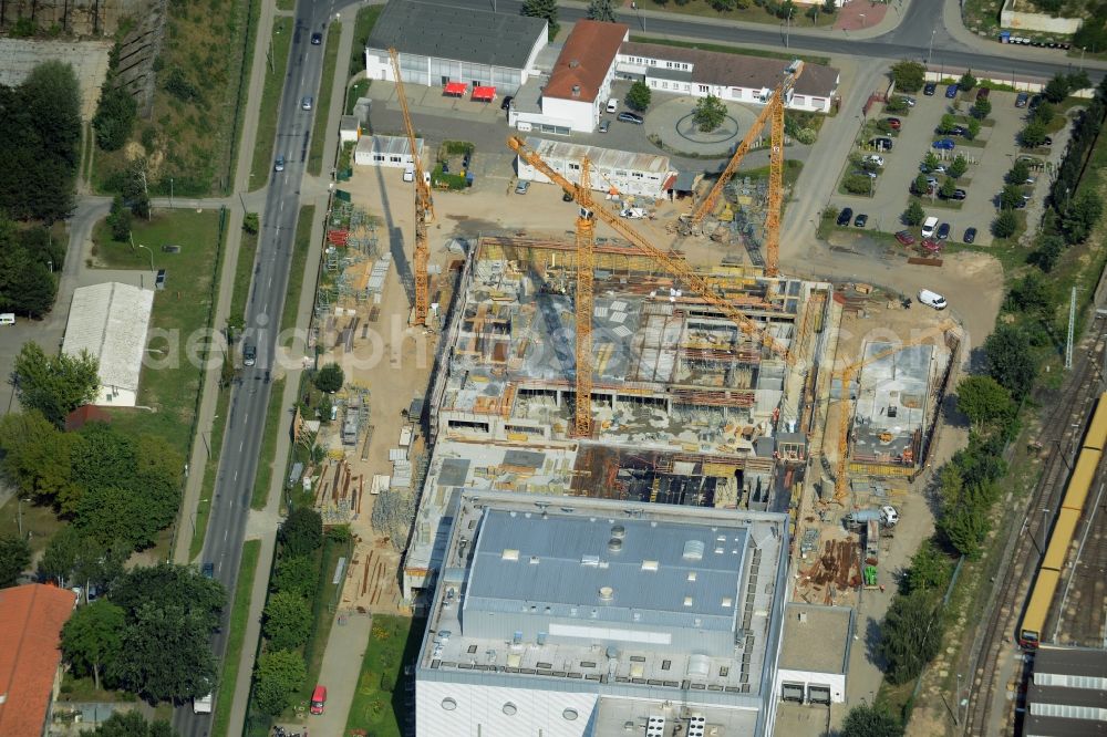 Aerial image Oranienburg - Construction site for the new construction and expansion of Takeda GmbH at the Lehnitzstrasse in Oranienburg in Brandenburg. The construction company Ed. Zueblin AG built on the site of the pharmaceutical company at the Lehnitzstrasse a modern production and research facilities