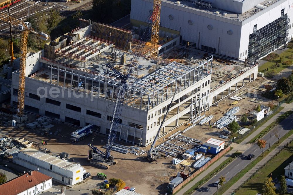 Aerial image Oranienburg - Construction site for the new construction and expansion of Takeda GmbH at the Lehnitzstrasse in Oranienburg in Brandenburg. The construction company Ed. Zueblin AG built on the site of the pharmaceutical company at the Lehnitzstrasse a modern production and research facilities