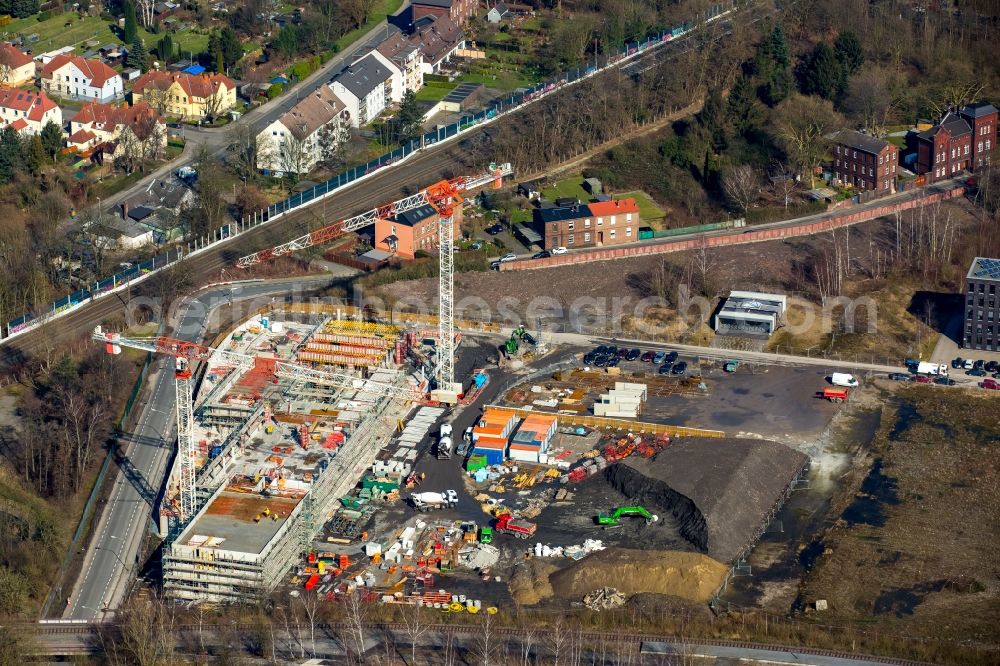 Essen from the bird's eye view: Construction site for the new building Department for Design of Folkwang University on site of the former coal-mine Zollverein in Essen in the state of North Rhine-Westphalia