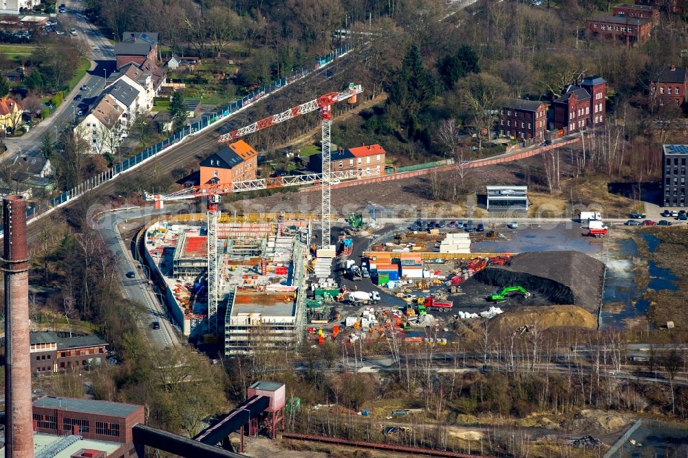 Aerial image Essen - Construction site for the new building Department for Design of Folkwang University on site of the former coal-mine Zollverein in Essen in the state of North Rhine-Westphalia