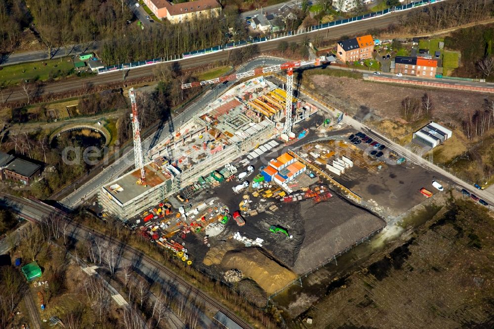 Aerial image Essen - Construction site for the new building Department for Design of Folkwang University on site of the former coal-mine Zollverein in Essen in the state of North Rhine-Westphalia