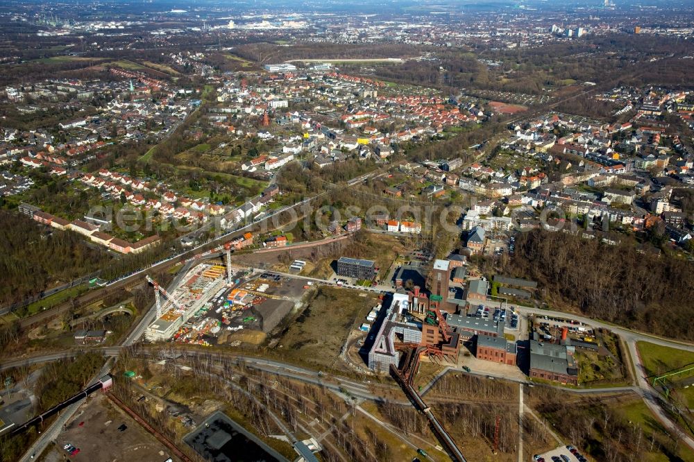 Aerial photograph Essen - Construction site for the new building Department for Design of Folkwang University on site of the former coal-mine Zollverein in Essen in the state of North Rhine-Westphalia