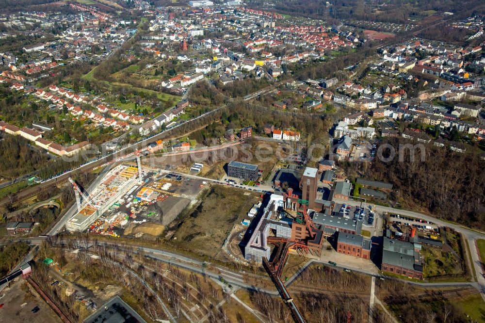 Essen from above - Construction site for the new building Department for Design of Folkwang University on site of the former coal-mine Zollverein in Essen in the state of North Rhine-Westphalia