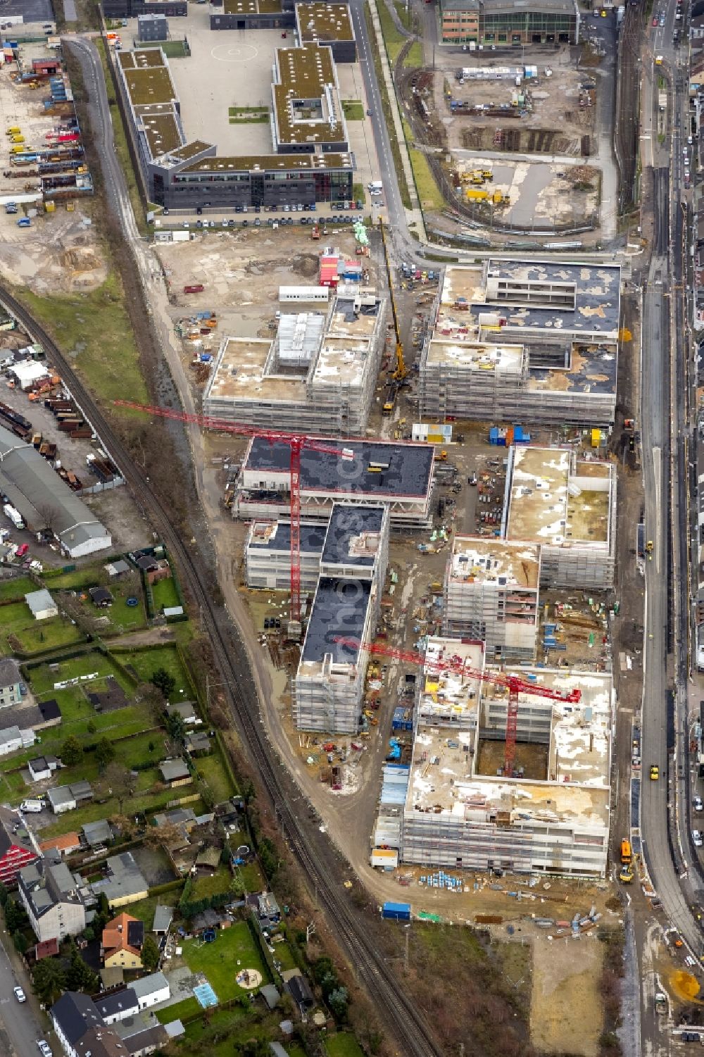 Mülheim an der Ruhr from the bird's eye view: Construction site for the new building of the University of Duisburg in the Ruhr West Street in Mülheim an der Ruhr in North Rhine-Westphalia