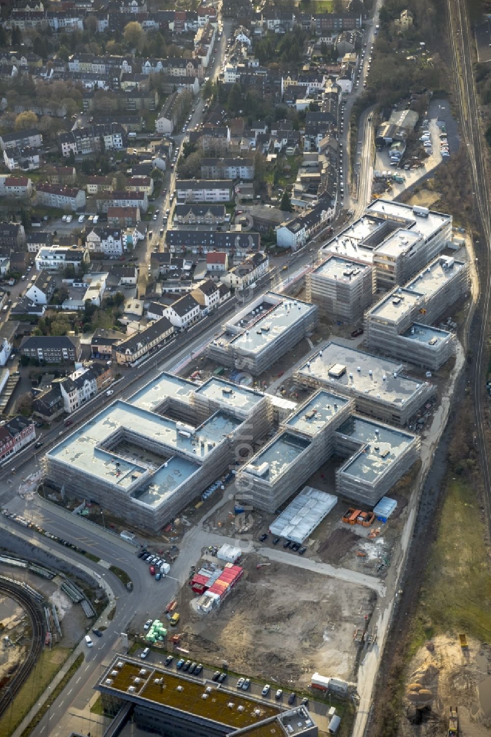 Aerial photograph Mülheim an der Ruhr - Construction site for the new building of the University of Duisburg in the Ruhr West Street in Mülheim an der Ruhr in North Rhine-Westphalia