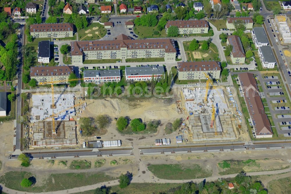 Aerial image Berlin - Construction site for a residential area in Karlshorst in the Lichtenberg district of Berlin in Germany. The development of InCasa project with semi-detached houses and residential areas is located on site of the historic military base in Karlshorst