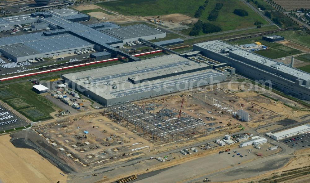 Leipzig from the bird's eye view: Construction site to build new manufacturing facilities and assembly shops on the premises of PORSCHE AG in Leipzig in Saxony