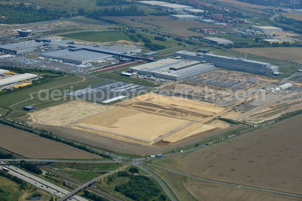 Leipzig from the bird's eye view: Construction site to build new manufacturing facilities and assembly shops on the premises of PORSCHE AG in Leipzig in Saxony