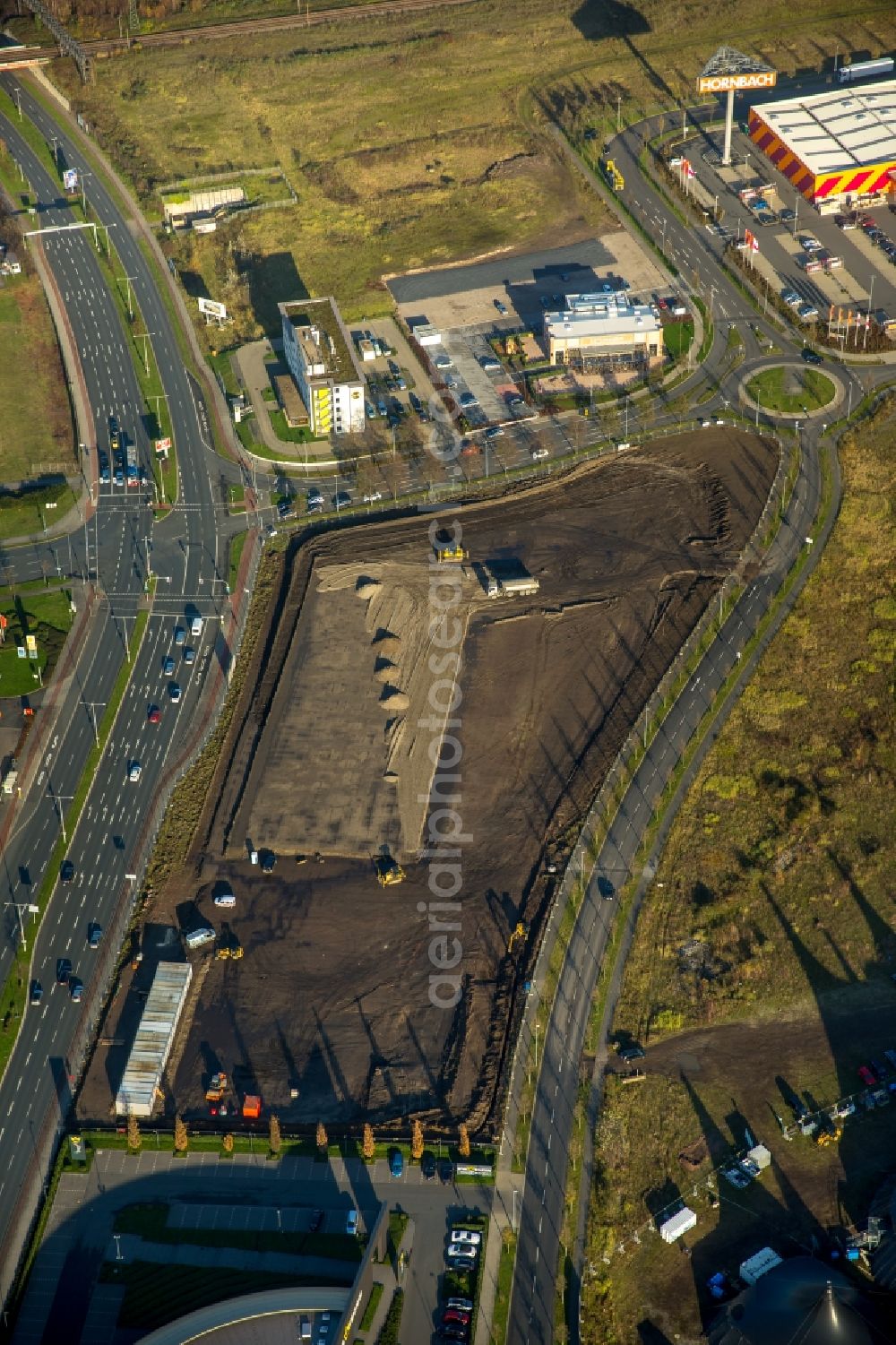 Aerial image Oberhausen - Construction site for the new building of a branch and administrative building of the workwearstore Engelbert Strauss in Oberhausen in the state of North Rhine-Westphalia