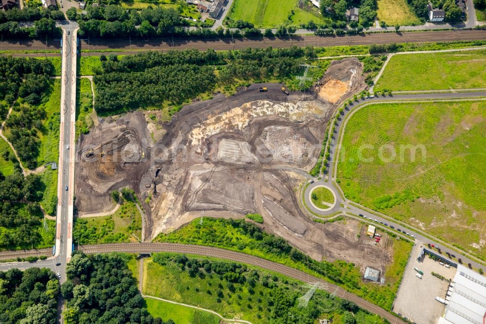 Oberhausen from above - Construction site for the new building of a branch and administrative building of the workwearstore Engelbert Strauss in Oberhausen in the state of North Rhine-Westphalia