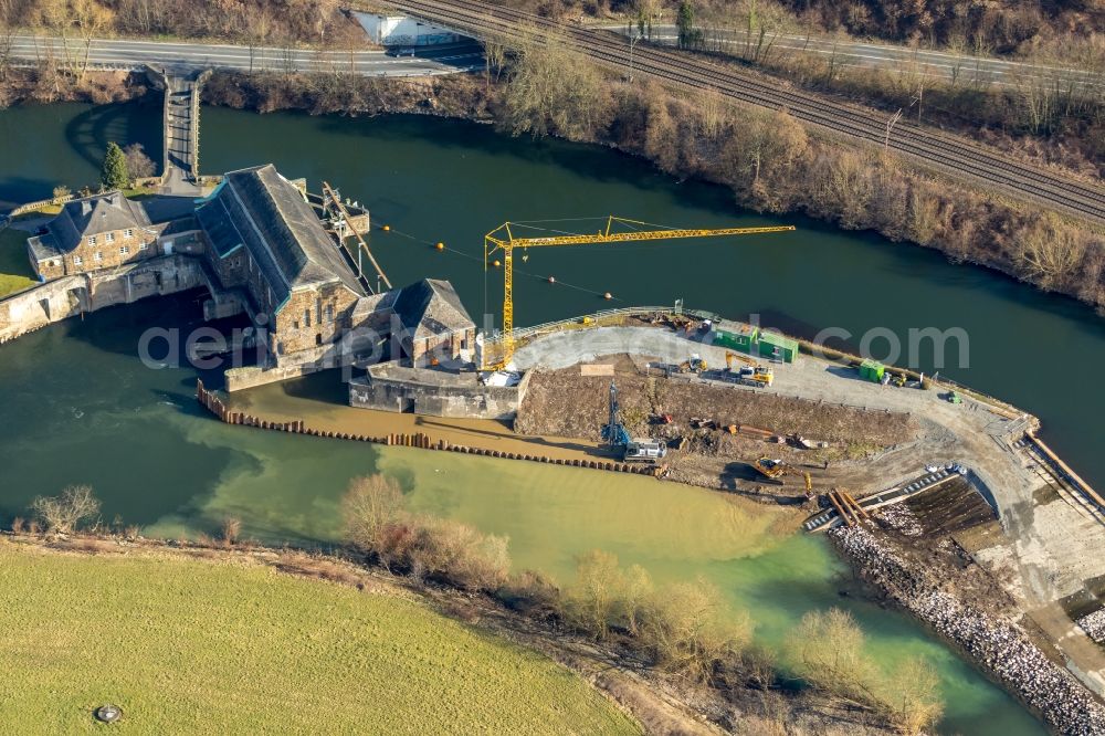 Witten from above - Construction site for the new building einer Fischaufstiegsanlage on Wasserkraftwerk Hohenstein of innogy SE in Witten in the state North Rhine-Westphalia, Germany