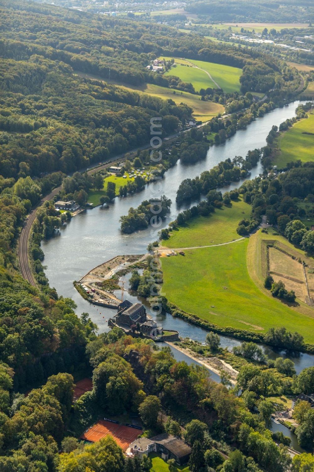 Witten from the bird's eye view: Construction site for the new building einer Fischaufstiegsanlage on Wasserkraftwerk Hohenstein of innogy SE in Witten in the state North Rhine-Westphalia, Germany