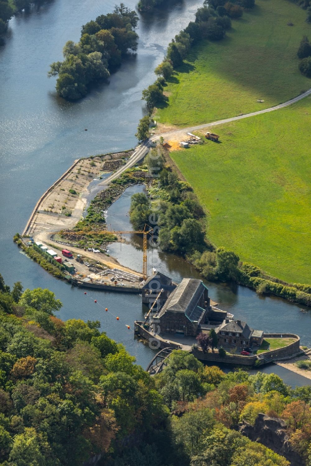 Aerial image Witten - Construction site for the new building einer Fischaufstiegsanlage on Wasserkraftwerk Hohenstein of innogy SE in Witten in the state North Rhine-Westphalia, Germany