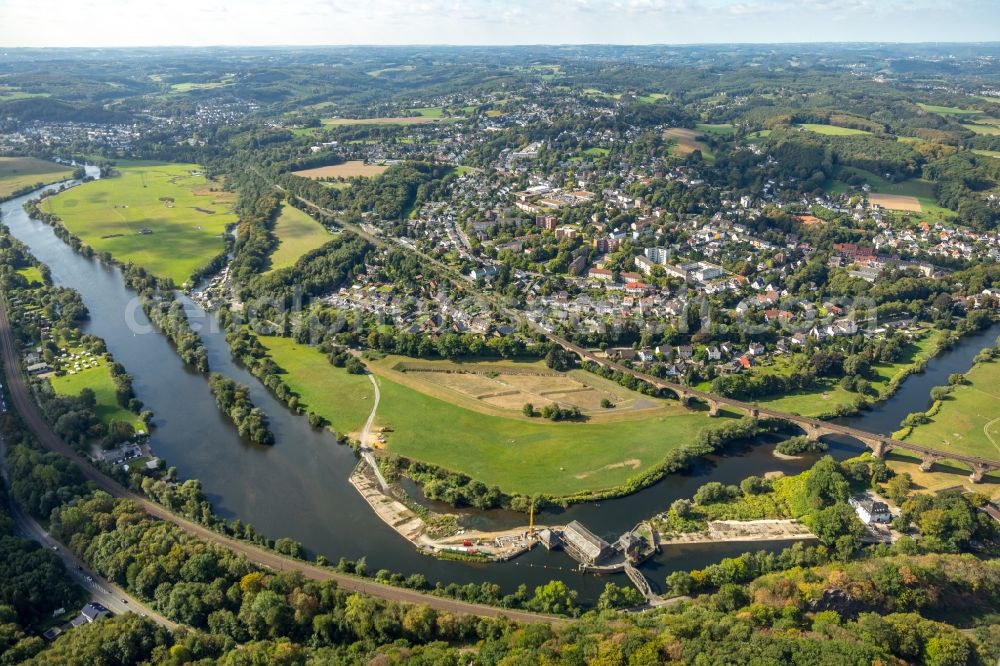 Witten from above - Construction site for the new building einer Fischaufstiegsanlage on Wasserkraftwerk Hohenstein of innogy SE in Witten in the state North Rhine-Westphalia, Germany