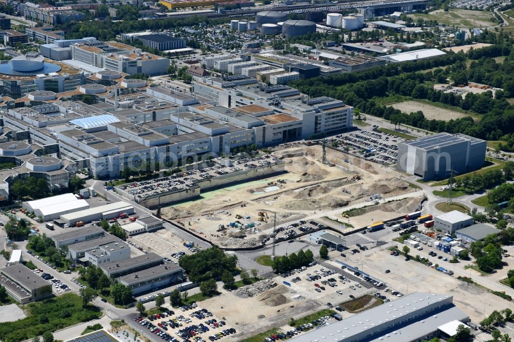 München from above - Construction site for the new building of FIZ Forschungs- and Innovations Center Nord on Campus of BMW AG in Munich in the state Bavaria, Germany