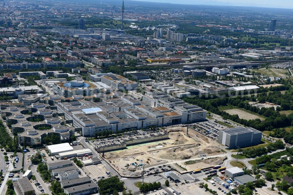 Aerial image München - Construction site for the new building of FIZ Forschungs- and Innovations Center Nord on Campus of BMW AG in Munich in the state Bavaria, Germany