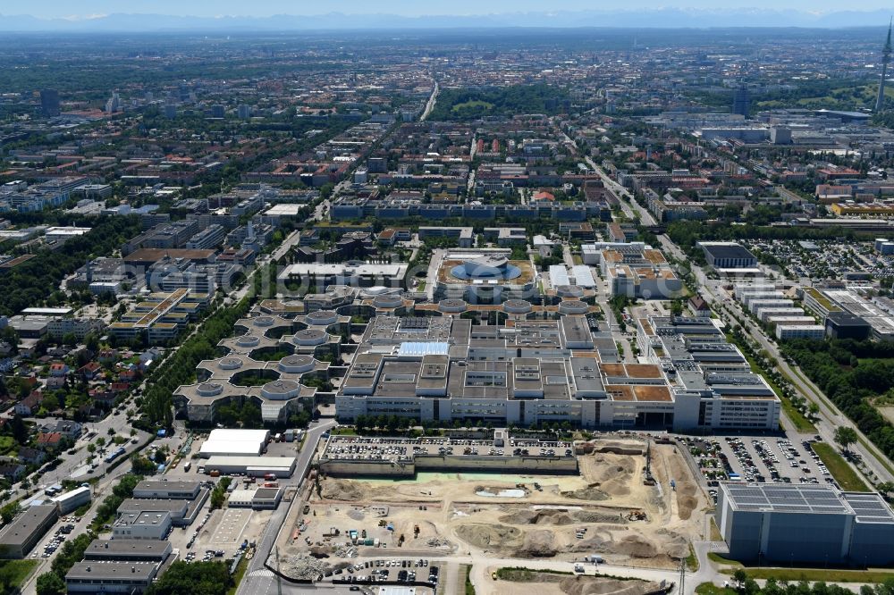 München from above - Construction site for the new building of FIZ Forschungs- and Innovations Center Nord on Campus of BMW AG in Munich in the state Bavaria, Germany