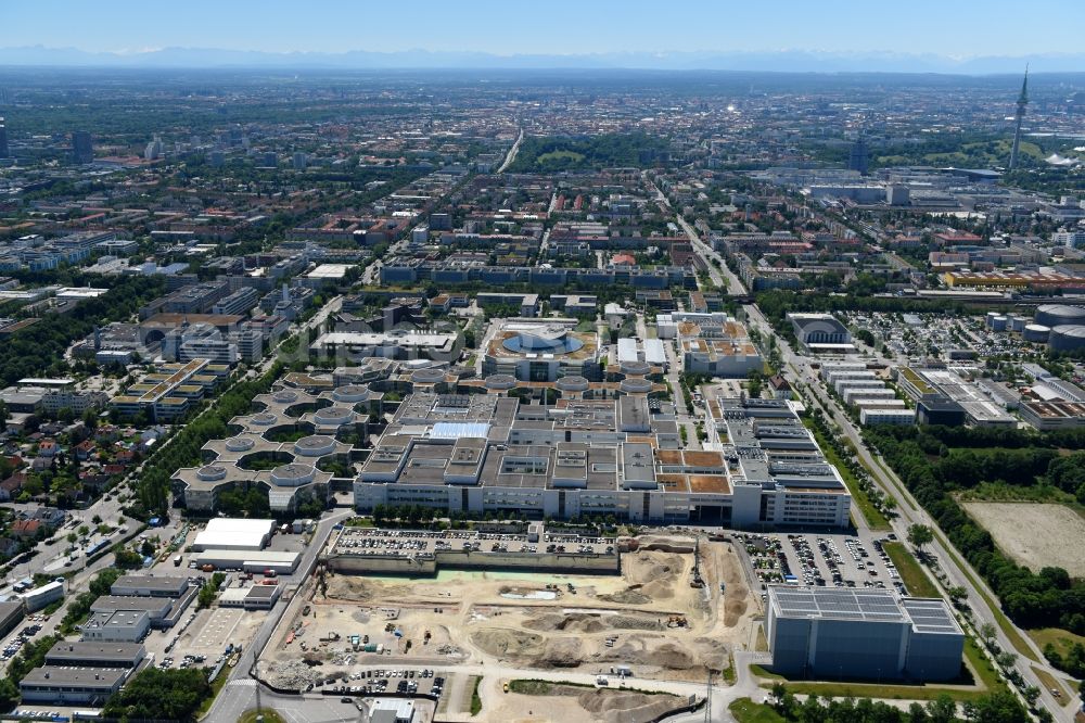 München from the bird's eye view: Construction site for the new building of FIZ Forschungs- and Innovations Center Nord on Campus of BMW AG in Munich in the state Bavaria, Germany