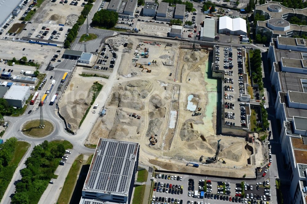 München from above - Construction site for the new building of FIZ Forschungs- and Innovations Center Nord on Campus of BMW AG in Munich in the state Bavaria, Germany