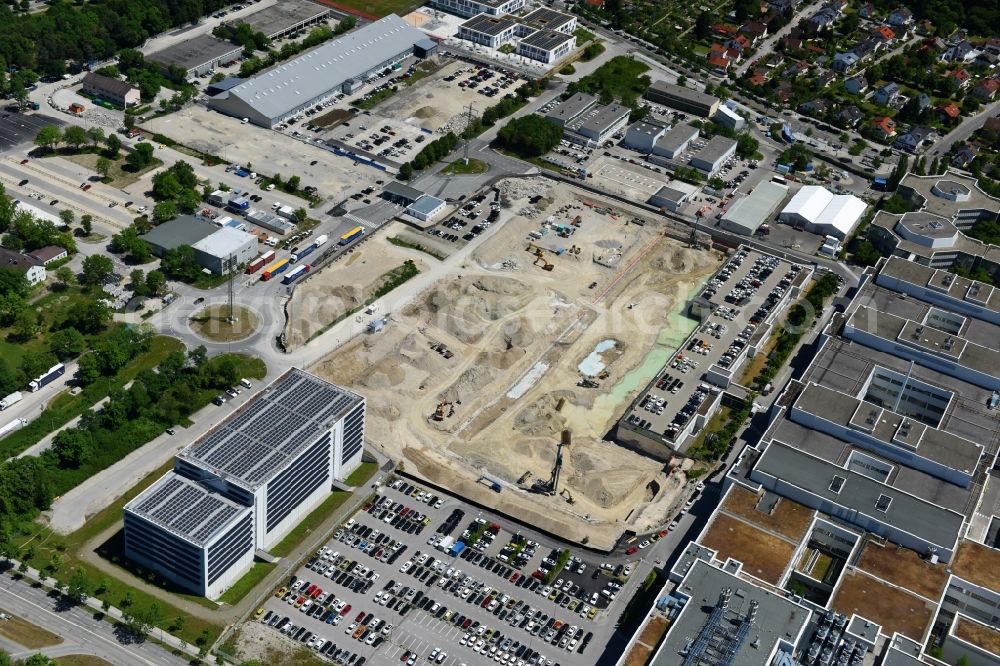 Aerial photograph München - Construction site for the new building of FIZ Forschungs- and Innovations Center Nord on Campus of BMW AG in Munich in the state Bavaria, Germany