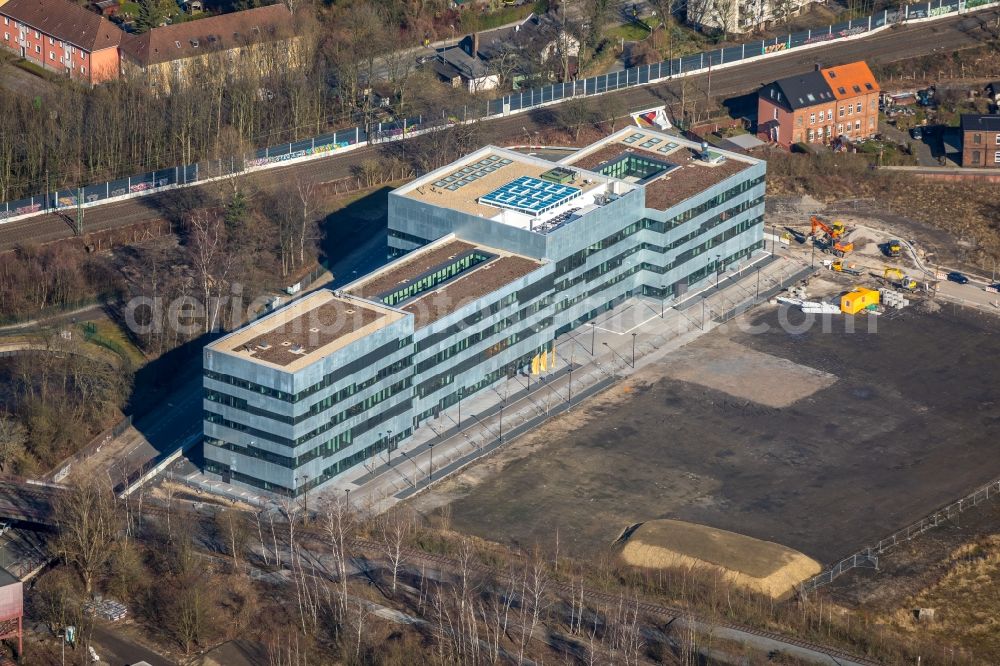 Aerial photograph Essen - Construction for the new building of the Folkwang University of the Arts on the world heritage Zollverein in Essen in North Rhine-Westphalia