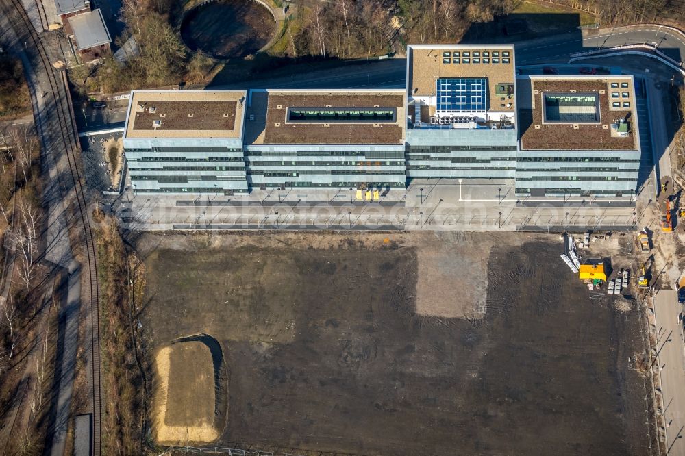 Aerial image Essen - Construction for the new building of the Folkwang University of the Arts on the world heritage Zollverein in Essen in North Rhine-Westphalia