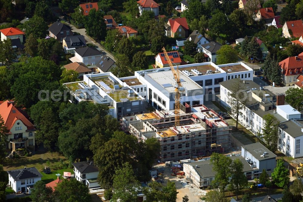 Teltow from the bird's eye view: Construction site for the new building of a research building and office complex SEE:LAB Kompetenzzentrum fuer Biomaterialien between of Kantstrasse - Schillerstrasse - Hannemannstrasse in Teltow in the state Brandenburg, Germany