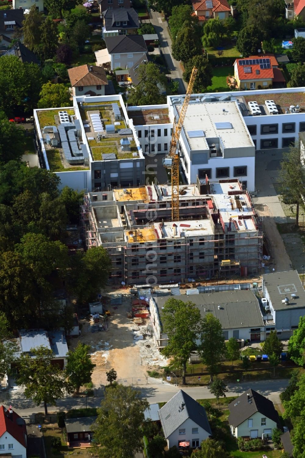 Teltow from above - Construction site for the new building of a research building and office complex SEE:LAB Kompetenzzentrum fuer Biomaterialien between of Kantstrasse - Schillerstrasse - Hannemannstrasse in Teltow in the state Brandenburg, Germany