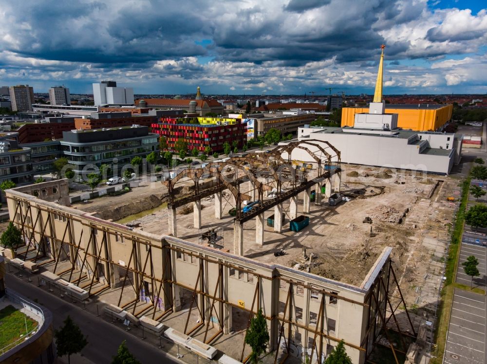 Leipzig from above - Construction site for the new building of a research building and office complex Stadtarchiv Alte Messe in Leipzig in the state Saxony, Germany