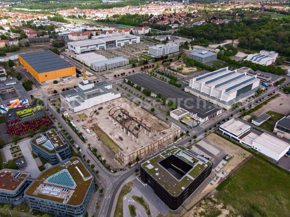 Leipzig from the bird's eye view: Construction site for the new building of a research building and office complex Stadtarchiv Alte Messe in Leipzig in the state Saxony, Germany