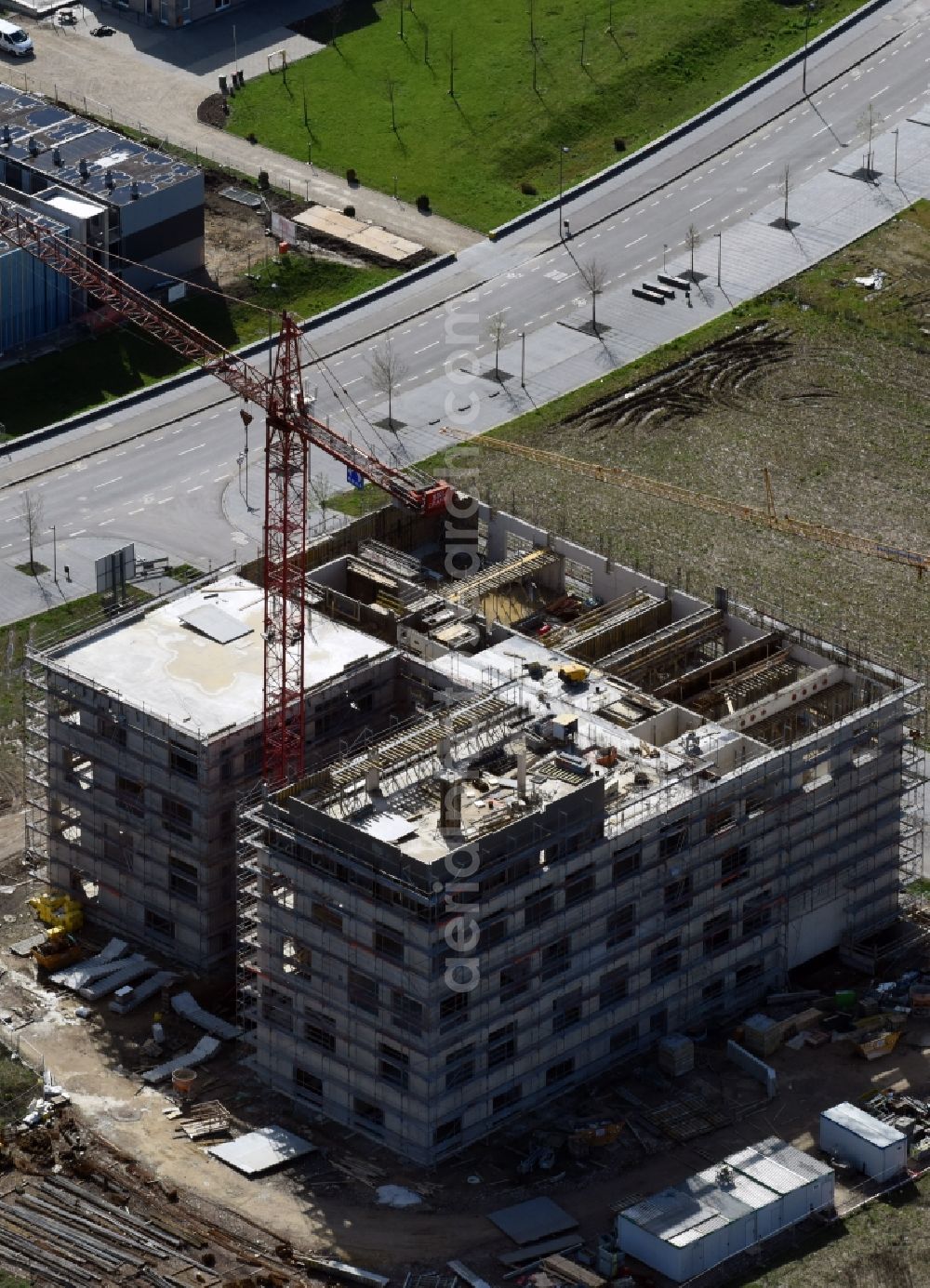 Aerial photograph Aachen - Construction site for the new building Research building on the RWTH Aachen Campus on campus boulevard through the NUHA Bauunternehmung GmbH & Co. KG in Aachen, North Rhine-Westphalia