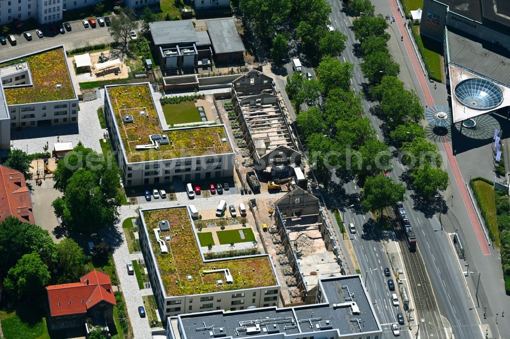 Braunschweig from above - Construction site QUARTIER LEONHARDPLATZ for the construction of a handicapped workshop and conveyor St. Leonhard - Lukas-Werk in the district Viewegs Garten-Bebelhof in Brunswick in the state Lower Saxony, Germany