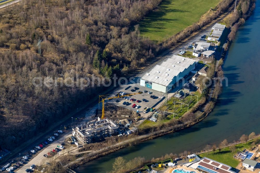 Aerial image Olpe - Construction site for the expansion of the new open-air restaurant and Brauhaus Am Obersee in Olpe on Sauerland in the state North Rhine-Westphalia, Germany