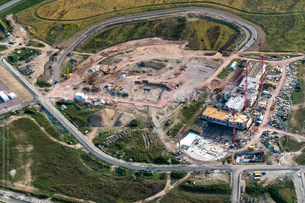 Aerial image Rust - Construction for the new building of the spa and swimming pool at the swimming pool of Recreation Wasserpark Europa-Park in Rust in the state Baden-Wuerttemberg, Germany