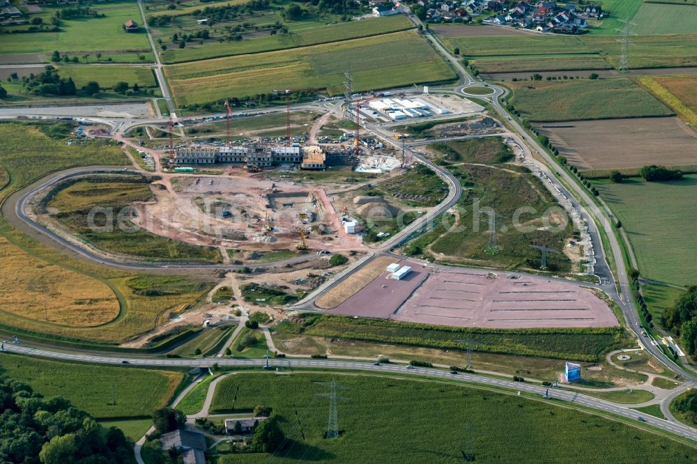 Aerial image Rust - Construction for the new building of the spa and swimming pool at the swimming pool of Recreation Wasserpark RULANTICA - Europa-Park Rust in Rust in the state Baden-Wuerttemberg, Germany