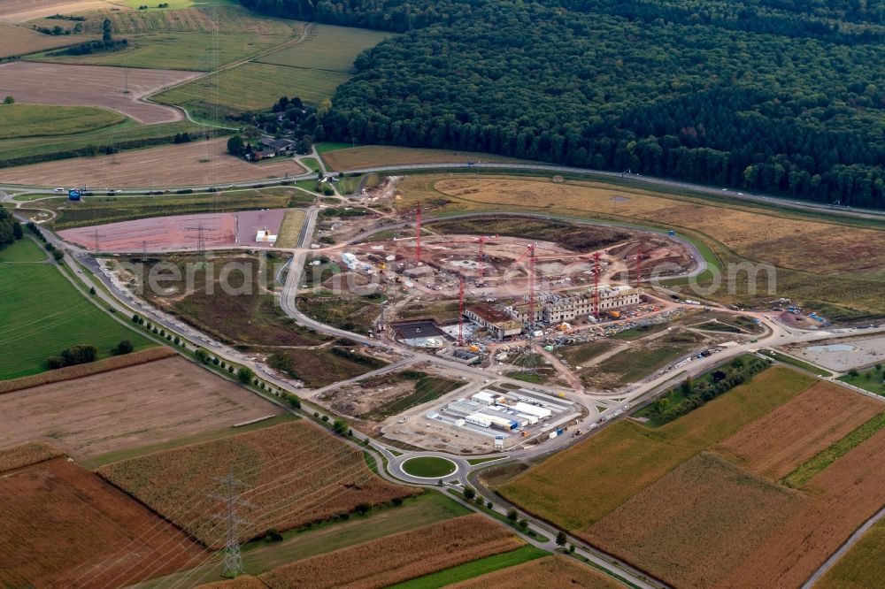 Aerial image Rust - Construction for the new building of the spa and swimming pool at the swimming pool of Recreation Wasserpark RULANTICA - Europa-Park Rust in Rust in the state Baden-Wuerttemberg, Germany