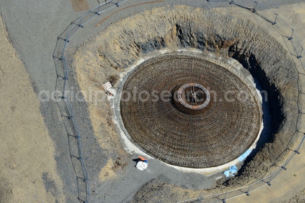 Sohl from above - Construction site for the new building the foundations in steel mesh construction for the future wind farm in Sohl in the state North Rhine-Westphalia