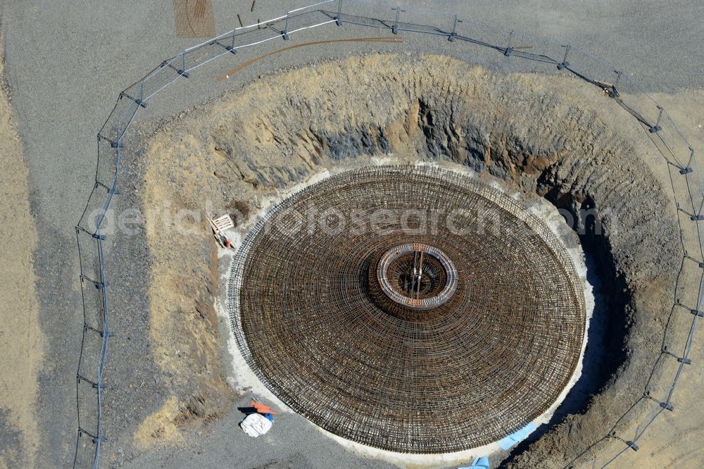 Sohl from the bird's eye view: Construction site for the new building the foundations in steel mesh construction for the future wind farm in Sohl in the state North Rhine-Westphalia