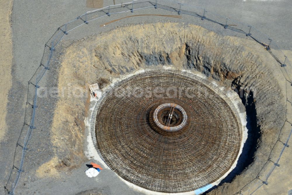 Sohl from the bird's eye view: Construction site for the new building the foundations in steel mesh construction for the future wind farm in Sohl in the state North Rhine-Westphalia