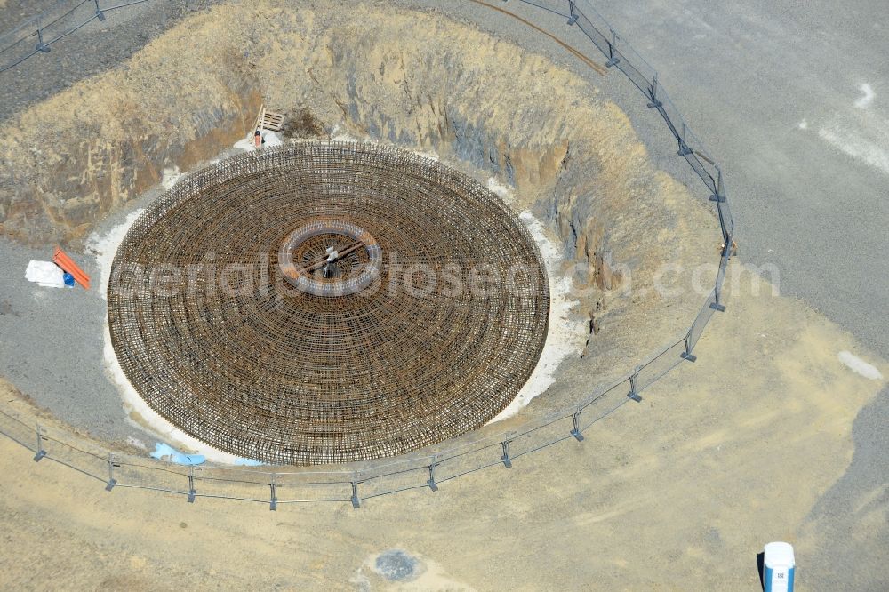 Aerial image Sohl - Construction site for the new building the foundations in steel mesh construction for the future wind farm in Sohl in the state North Rhine-Westphalia