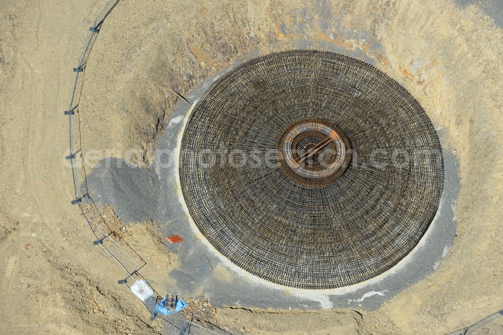 Aerial photograph Sohl - Construction site for the new building the foundations in steel mesh construction for the future wind farm in Sohl in the state North Rhine-Westphalia