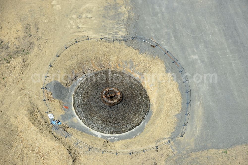 Sohl from above - Construction site for the new building the foundations in steel mesh construction for the future wind farm in Sohl in the state North Rhine-Westphalia